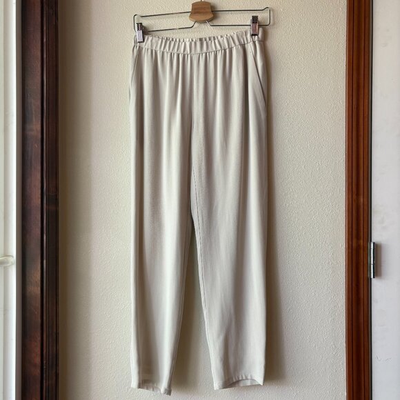 Eileen Fisher 100% Silk Elastic Waist Straight Ankle Pants Cream Size XXS - Picture 2 of 8